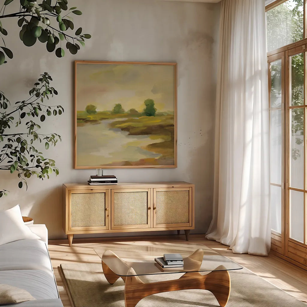 Chartreuse Fields I by Silvia Vassileva. Shown in a natural wood frame in a cozy modern living room. Available as an archival giclee rolled canvas, fine art paper, or poster print. SKU 69161a.