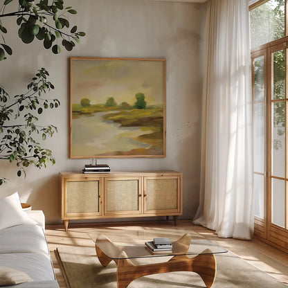 Chartreuse Fields I by Silvia Vassileva. Shown in a natural wood frame in a cozy modern living room. Available as an archival giclee rolled canvas, fine art paper, or poster print. SKU 69161a.