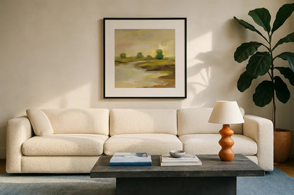 Chartreuse Fields I by Silvia Vassileva. Displayed in a glass frame with matte in a clean modern living room. Available as an archival giclee rolled canvas, fine art paper, or poster print. SKU 69161a.