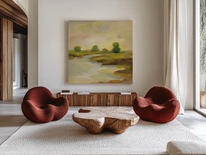 Chartreuse Fields I by Silvia Vassileva. Shown as extra-large giant wall art in a modern living room. Available as an archival giclee rolled canvas, fine art paper, or poster print. SKU 69161a.