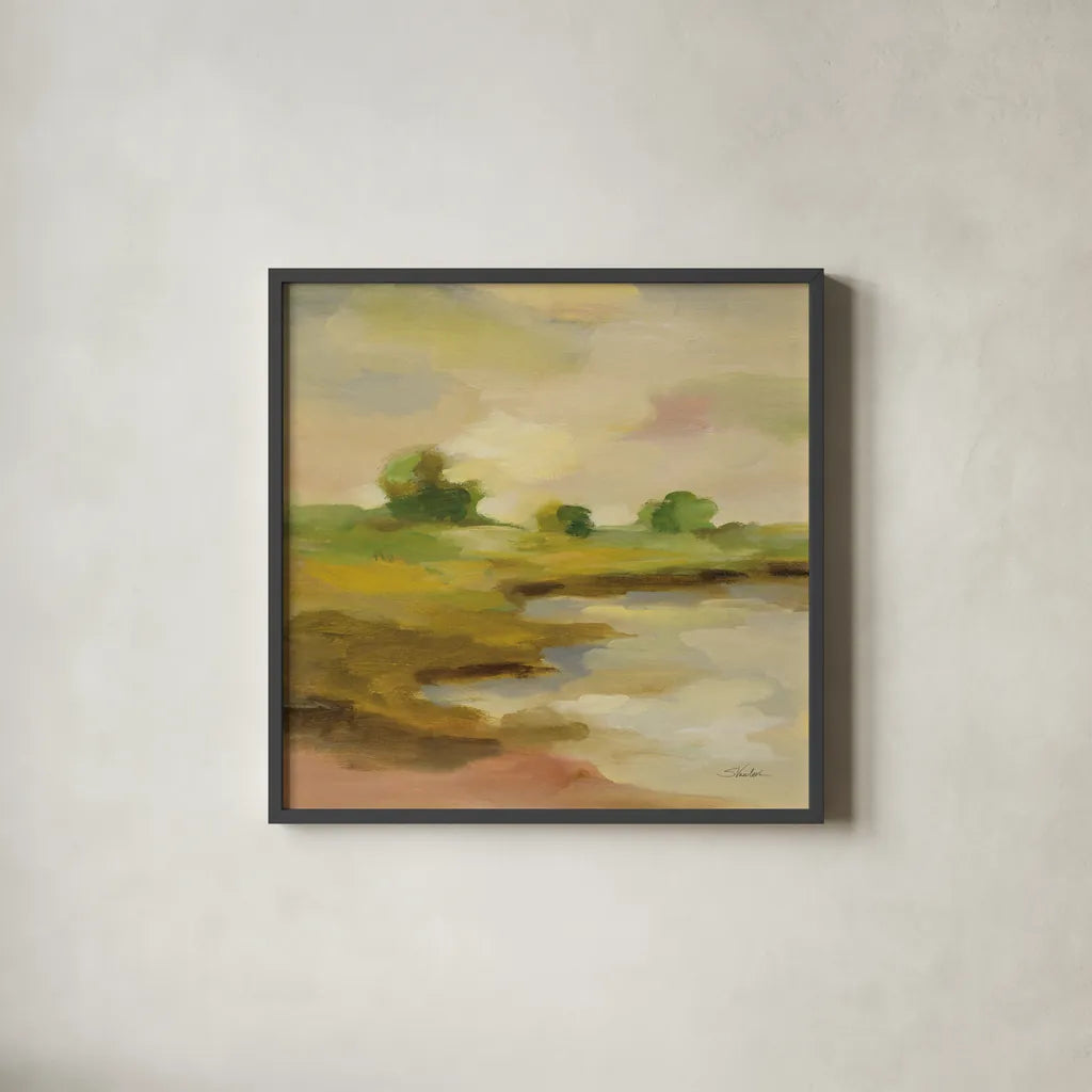 Chartreuse Fields II by Silvia Vassileva. Shown in a sleek black glass frame for a contemporary gallery look. Available as an archival giclee rolled canvas, fine art paper, or poster print. SKU 69162a.