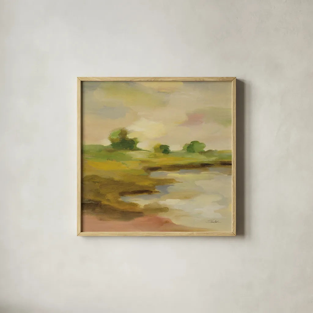 Chartreuse Fields II by Silvia Vassileva. Shown in a natural wood glass frame for a timeless modern aesthetic. Available as an archival giclee rolled canvas, fine art paper, or poster print. SKU 69162a.