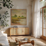 Chartreuse Fields II by Silvia Vassileva. Shown in a natural wood frame in a cozy modern living room. Available as an archival giclee rolled canvas, fine art paper, or poster print. SKU 69162a.