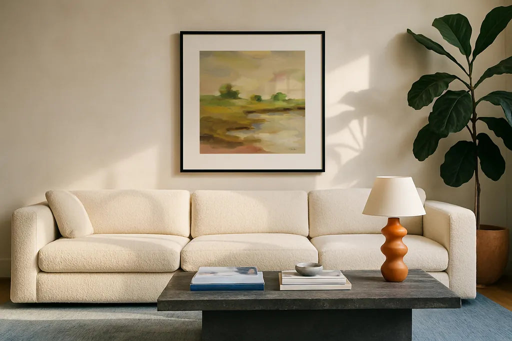 Chartreuse Fields II by Silvia Vassileva. Displayed in a glass frame with matte in a clean modern living room. Available as an archival giclee rolled canvas, fine art paper, or poster print. SKU 69162a.