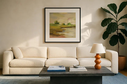 Chartreuse Fields II by Silvia Vassileva. Displayed in a glass frame with matte in a clean modern living room. Available as an archival giclee rolled canvas, fine art paper, or poster print. SKU 69162a.