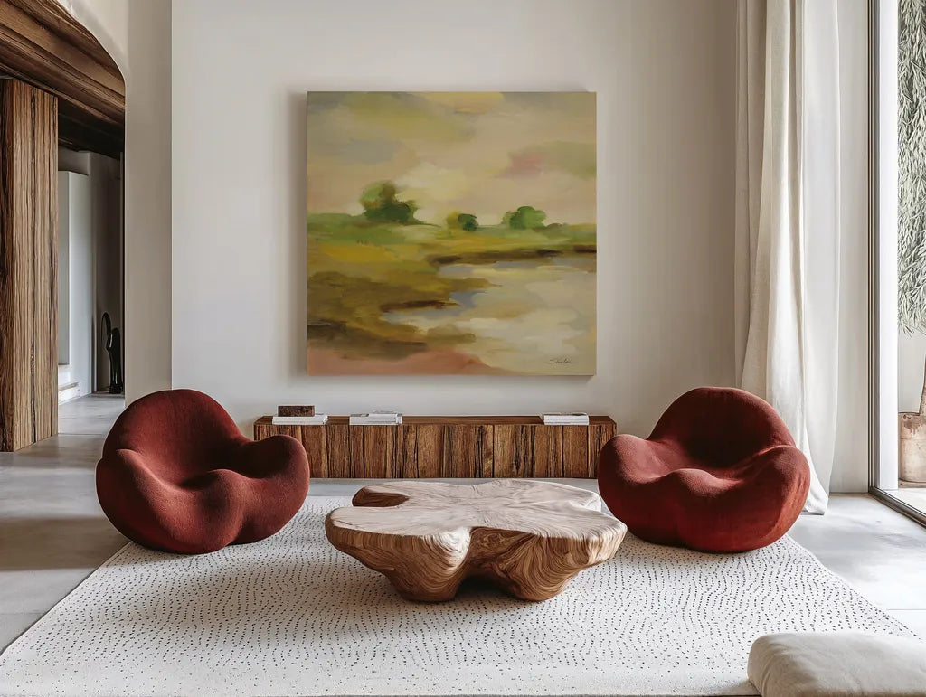 Chartreuse Fields II by Silvia Vassileva. Shown as extra-large giant wall art in a modern living room. Available as an archival giclee rolled canvas, fine art paper, or poster print. SKU 69162a.