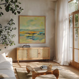 Chartreuse Hills I by Silvia Vassileva. Shown in a natural wood frame in a cozy modern living room. Available as an archival giclee rolled canvas, fine art paper, or poster print. SKU 85623a.