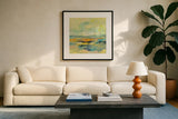 Chartreuse Hills I by Silvia Vassileva. Displayed in a glass frame with matte in a clean modern living room. Available as an archival giclee rolled canvas, fine art paper, or poster print. SKU 85623a.