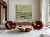 Chartreuse Hills I by Silvia Vassileva. Shown as extra-large giant wall art in a modern living room. Available as an archival giclee rolled canvas, fine art paper, or poster print. SKU 85623a.