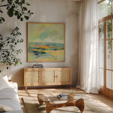 Chartreuse Hills II by Silvia Vassileva. Shown in a natural wood frame in a cozy modern living room. Available as an archival giclee rolled canvas, fine art paper, or poster print. SKU 85624a.