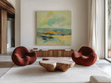 Chartreuse Hills II by Silvia Vassileva. Shown as extra-large giant wall art in a modern living room. Available as an archival giclee rolled canvas, fine art paper, or poster print. SKU 85624a.