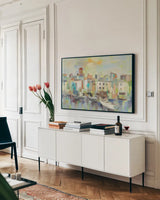 Chartreuse Light by Silvia Vassileva. shown as a framed stretched canvas in a living room above a console. Available as a archival giclee rolled canvas, fine art paper, or poster print. SKU 93596i.