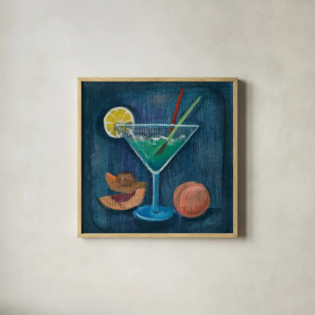 Cheers II by Silvia Vassileva. Shown in a natural wood glass frame for a timeless modern aesthetic. Available as an archival giclee rolled canvas, fine art paper, or poster print. SKU 64389a.