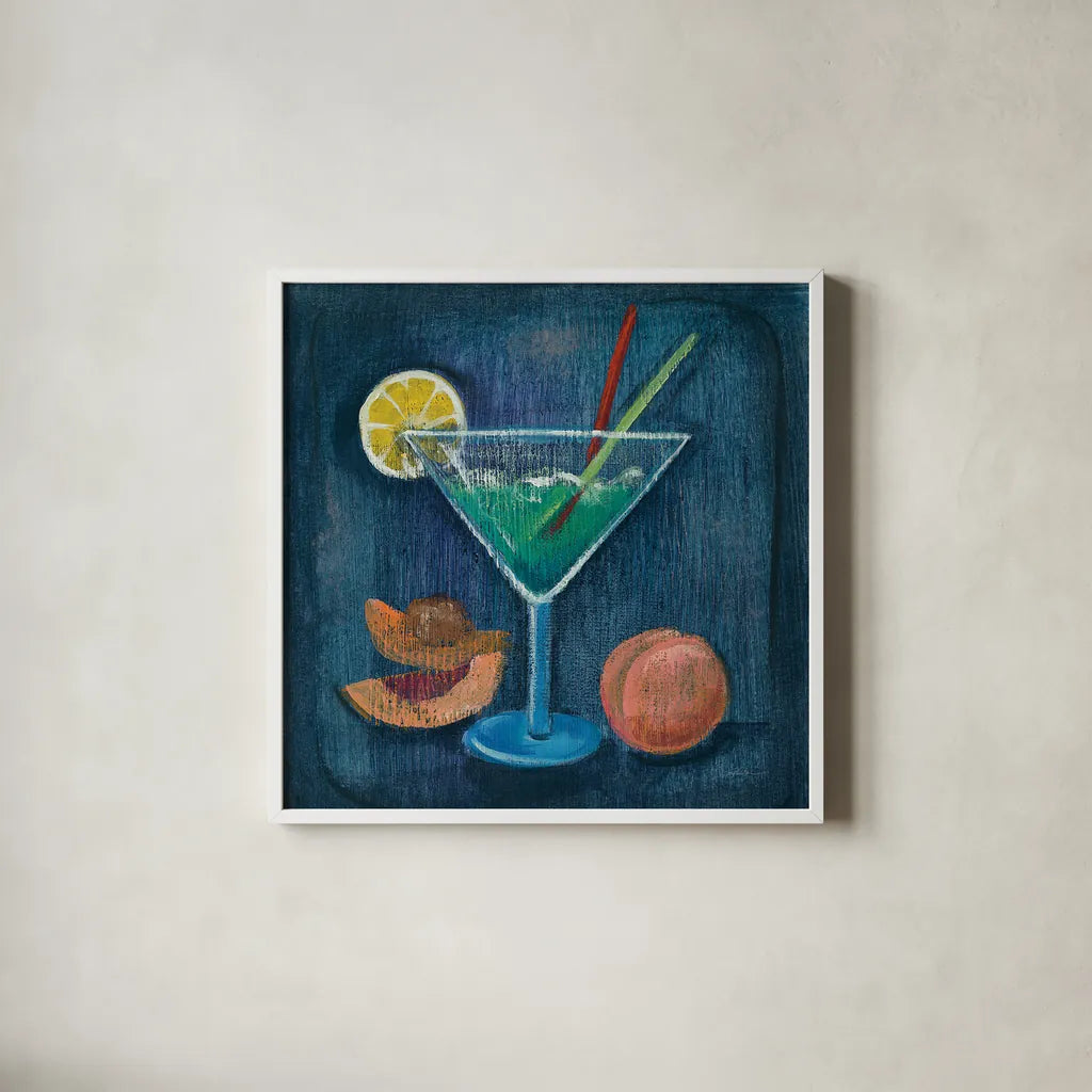 Cheers II by Silvia Vassileva. Shown in a crisp white glass frame for a clean and minimalist style. Available as an archival giclee rolled canvas, fine art paper, or poster print. SKU 64389a.