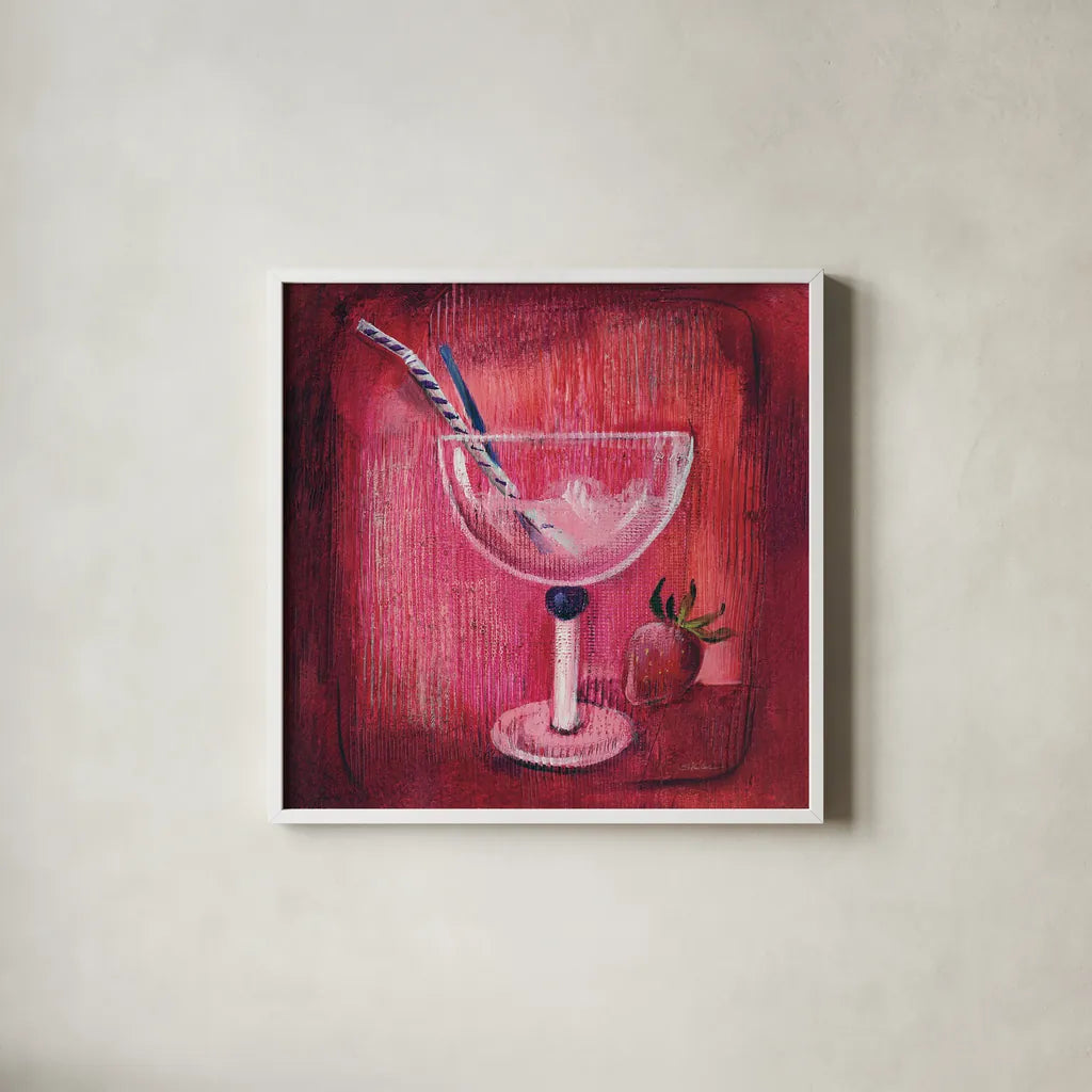 Cheers III by Silvia Vassileva. Shown in a crisp white glass frame for a clean and minimalist style. Available as an archival giclee rolled canvas, fine art paper, or poster print. SKU 64390a.