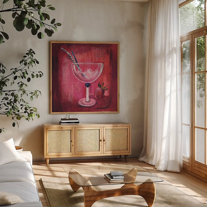 Cheers III by Silvia Vassileva. Shown in a natural wood frame in a cozy modern living room. Available as an archival giclee rolled canvas, fine art paper, or poster print. SKU 64390a.