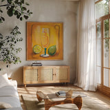 Cheers VI by Silvia Vassileva. Shown in a natural wood frame in a cozy modern living room. Available as an archival giclee rolled canvas, fine art paper, or poster print. SKU 64391a.