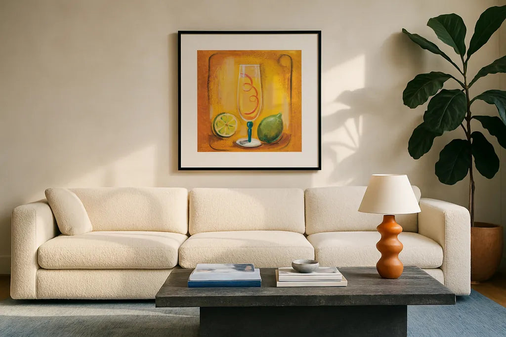 Cheers VI by Silvia Vassileva. Displayed in a glass frame with matte in a clean modern living room. Available as an archival giclee rolled canvas, fine art paper, or poster print. SKU 64391a.