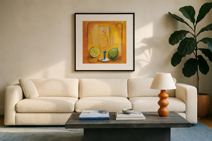 Cheers VI by Silvia Vassileva. Displayed in a glass frame with matte in a clean modern living room. Available as an archival giclee rolled canvas, fine art paper, or poster print. SKU 64391a.