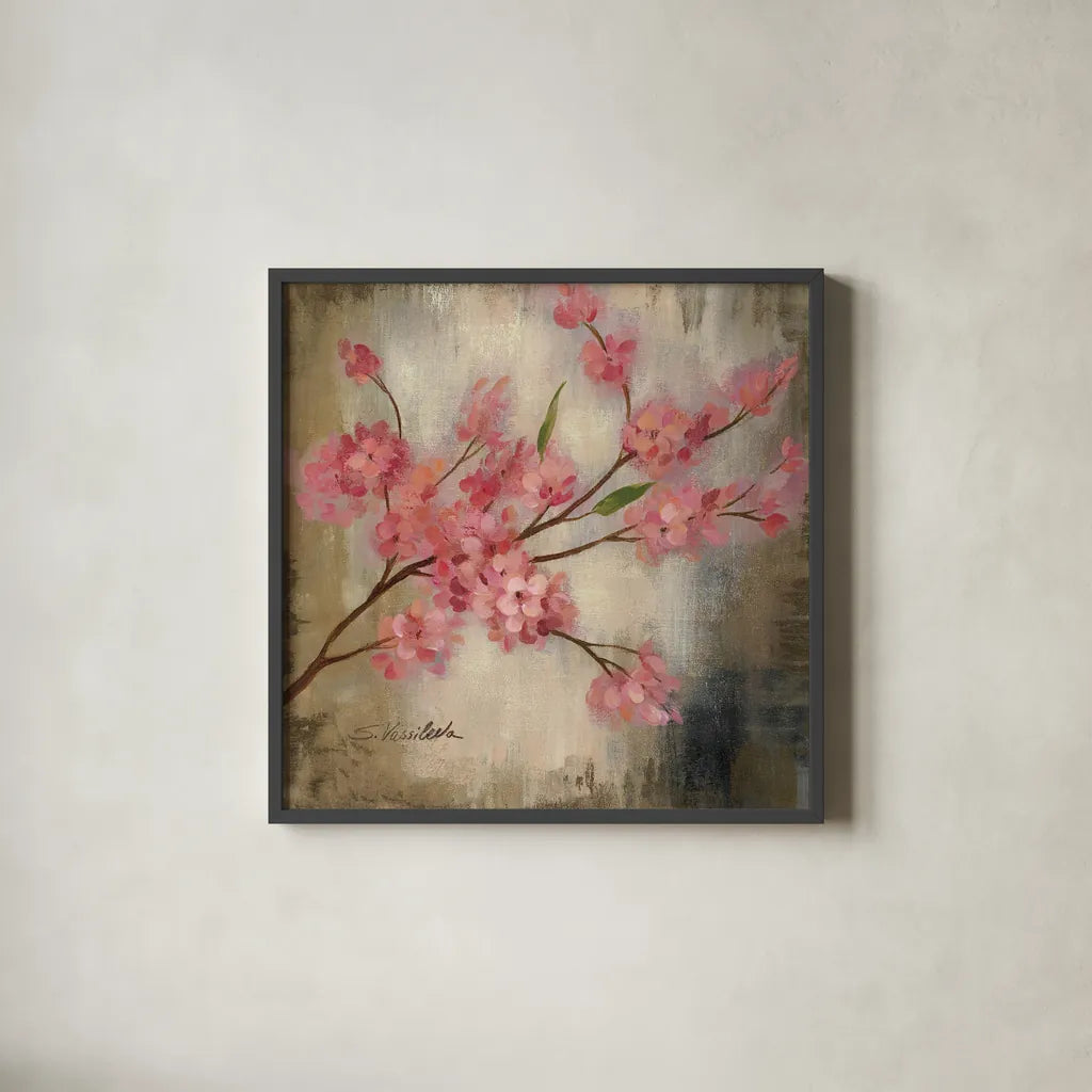 Cherry Blossom I by Silvia Vassileva. Shown in a sleek black glass frame for a contemporary gallery look. Available as an archival giclee rolled canvas, fine art paper, or poster print. SKU 7887a.
