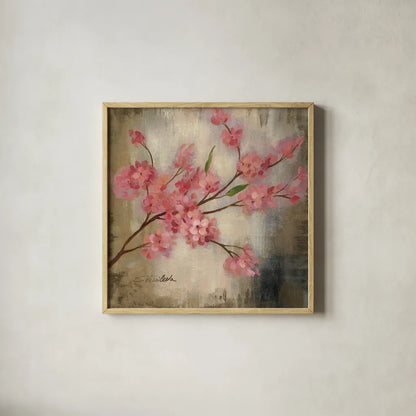 Cherry Blossom I by Silvia Vassileva. Shown in a natural wood glass frame for a timeless modern aesthetic. Available as an archival giclee rolled canvas, fine art paper, or poster print. SKU 7887a.