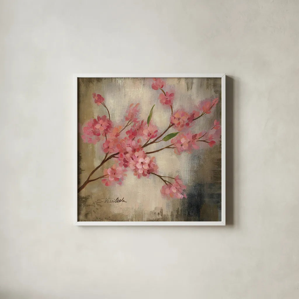 Cherry Blossom I by Silvia Vassileva. Shown in a crisp white glass frame for a clean and minimalist style. Available as an archival giclee rolled canvas, fine art paper, or poster print. SKU 7887a.