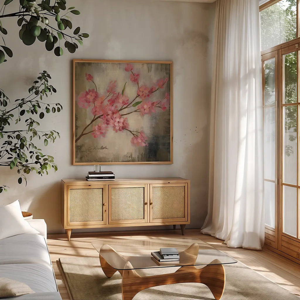 Cherry Blossom I by Silvia Vassileva. Shown in a natural wood frame in a cozy modern living room. Available as an archival giclee rolled canvas, fine art paper, or poster print. SKU 7887a.