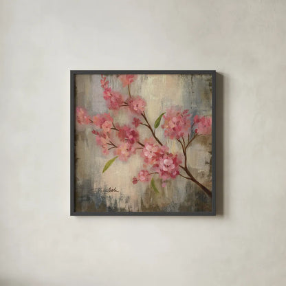 Cherry Blossom II by Silvia Vassileva. Shown in a sleek black glass frame for a contemporary gallery look. Available as an archival giclee rolled canvas, fine art paper, or poster print. SKU 7888a.