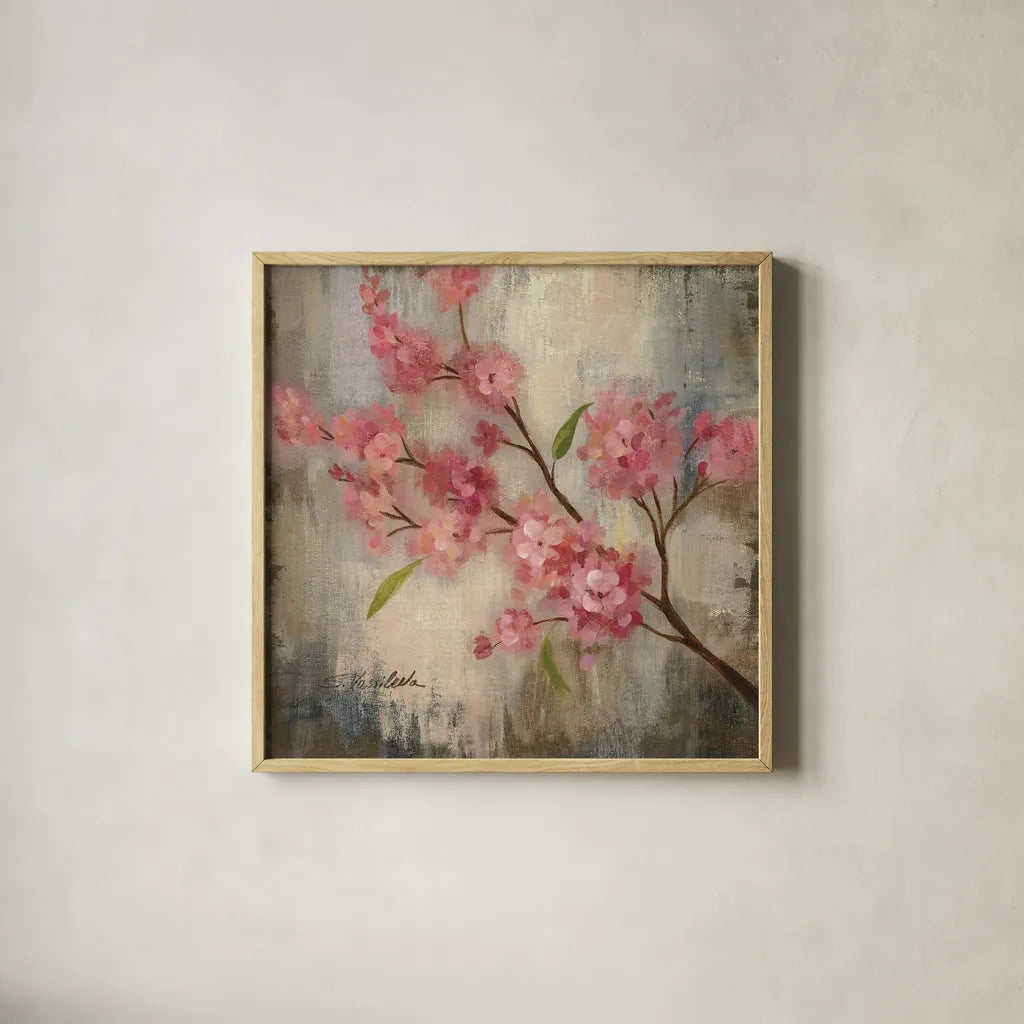Cherry Blossom II by Silvia Vassileva. Shown in a natural wood glass frame for a timeless modern aesthetic. Available as an archival giclee rolled canvas, fine art paper, or poster print. SKU 7888a.