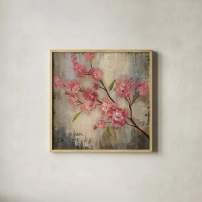 Cherry Blossom II by Silvia Vassileva. Shown in a natural wood glass frame for a timeless modern aesthetic. Available as an archival giclee rolled canvas, fine art paper, or poster print. SKU 7888a.
