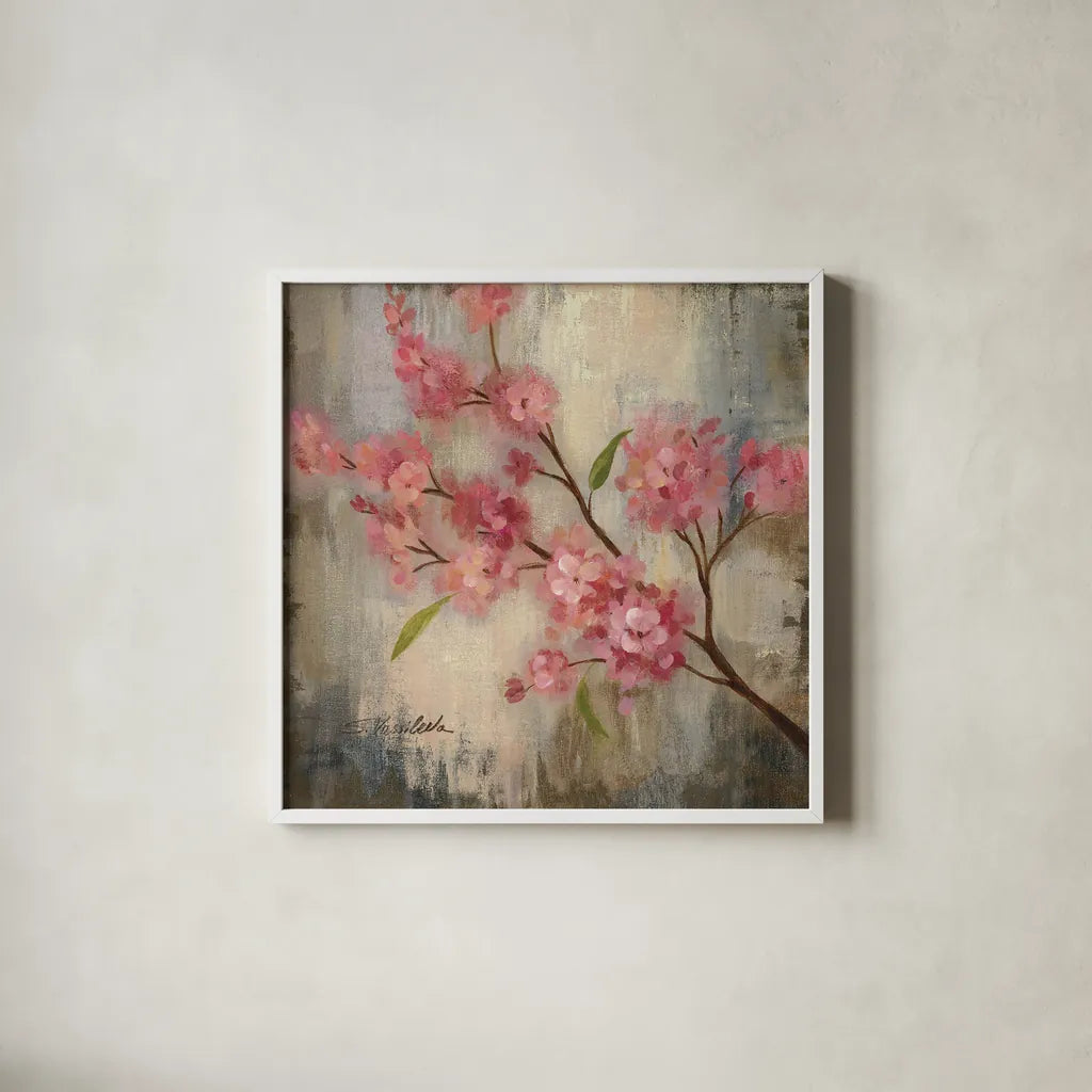 Cherry Blossom II by Silvia Vassileva. Shown in a crisp white glass frame for a clean and minimalist style. Available as an archival giclee rolled canvas, fine art paper, or poster print. SKU 7888a.