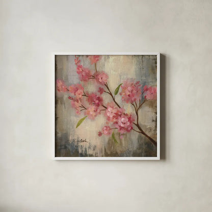 Cherry Blossom II by Silvia Vassileva. Shown in a crisp white glass frame for a clean and minimalist style. Available as an archival giclee rolled canvas, fine art paper, or poster print. SKU 7888a.