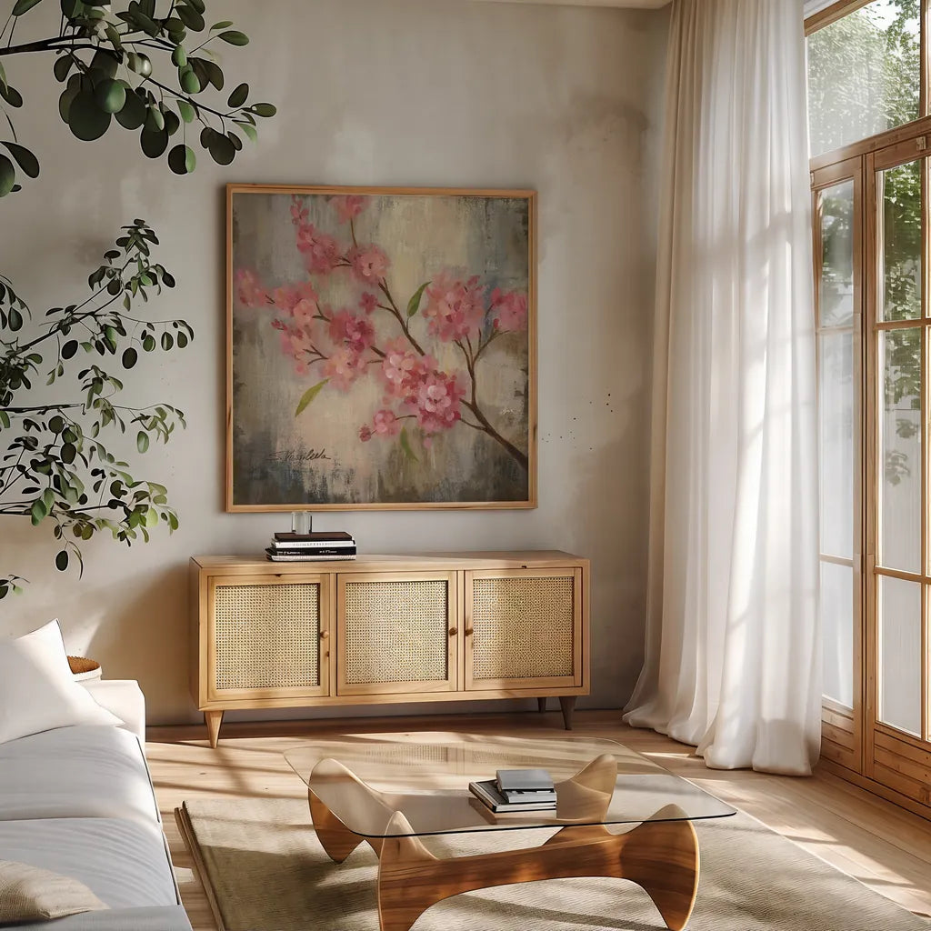 Cherry Blossom II by Silvia Vassileva. Shown in a natural wood frame in a cozy modern living room. Available as an archival giclee rolled canvas, fine art paper, or poster print. SKU 7888a.