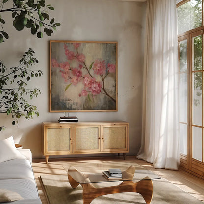 Cherry Blossom II by Silvia Vassileva. Shown in a natural wood frame in a cozy modern living room. Available as an archival giclee rolled canvas, fine art paper, or poster print. SKU 7888a.