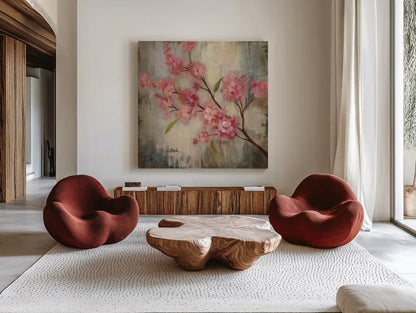 Cherry Blossom II by Silvia Vassileva. Shown as extra-large giant wall art in a modern living room. Available as an archival giclee rolled canvas, fine art paper, or poster print. SKU 7888a.