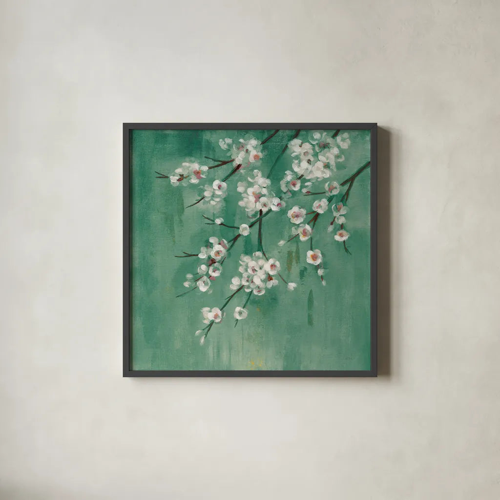 Cherry Cloud I Jade by Silvia Vassileva. Shown in a sleek black glass frame for a contemporary gallery look. Available as an archival giclee rolled canvas, fine art paper, or poster print. SKU 50073a.