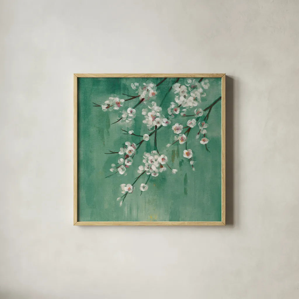 Cherry Cloud I Jade by Silvia Vassileva. Shown in a natural wood glass frame for a timeless modern aesthetic. Available as an archival giclee rolled canvas, fine art paper, or poster print. SKU 50073a.