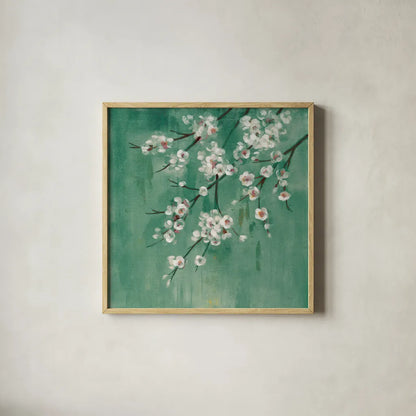 Cherry Cloud I Jade by Silvia Vassileva. Shown in a natural wood glass frame for a timeless modern aesthetic. Available as an archival giclee rolled canvas, fine art paper, or poster print. SKU 50073a.