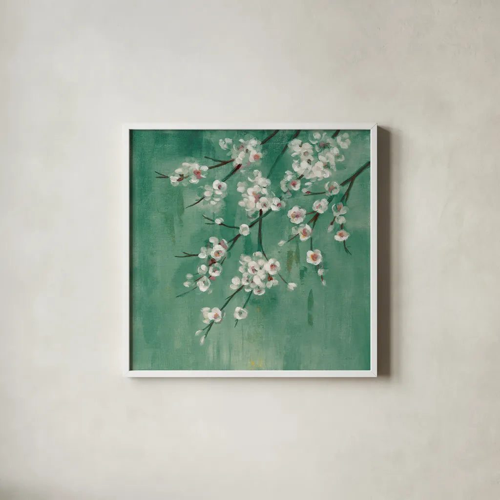 Cherry Cloud I Jade by Silvia Vassileva. Shown in a crisp white glass frame for a clean and minimalist style. Available as an archival giclee rolled canvas, fine art paper, or poster print. SKU 50073a.