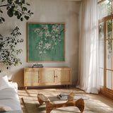 Cherry Cloud I Jade by Silvia Vassileva. Shown in a natural wood frame in a cozy modern living room. Available as an archival giclee rolled canvas, fine art paper, or poster print. SKU 50073a.