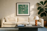 Cherry Cloud I Jade by Silvia Vassileva. Displayed in a glass frame with matte in a clean modern living room. Available as an archival giclee rolled canvas, fine art paper, or poster print. SKU 50073a.