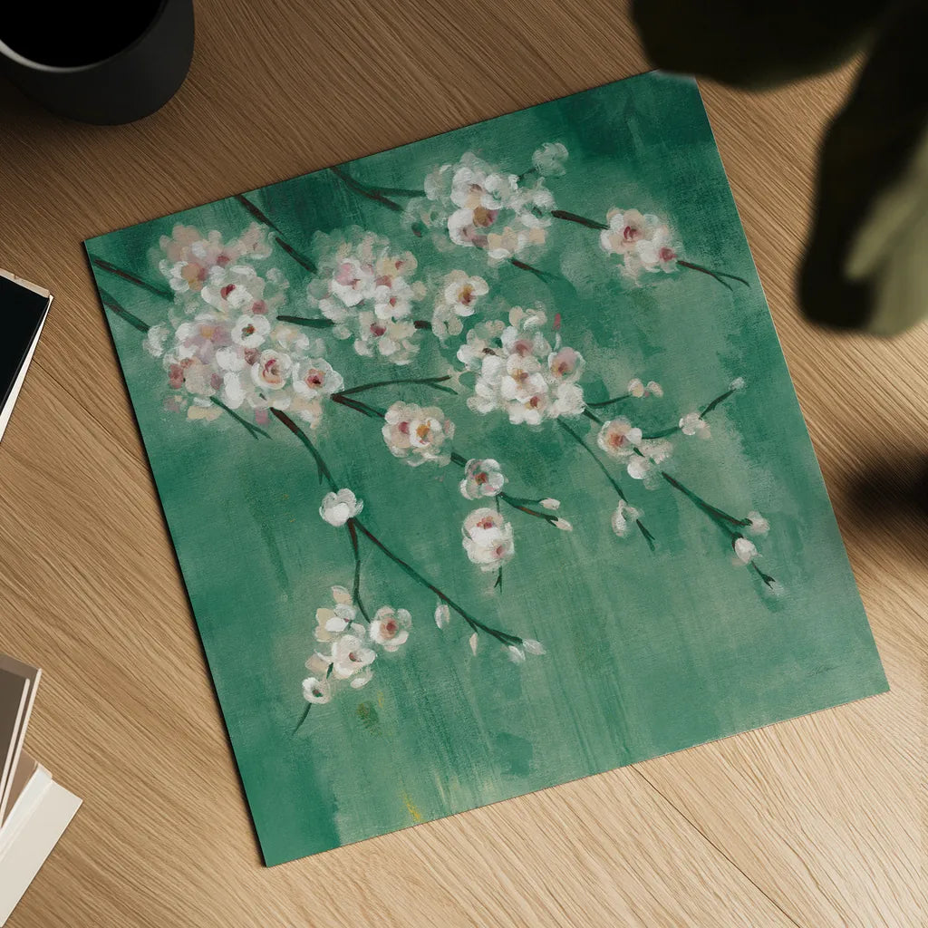 Cherry Cloud II Jade by Silvia Vassileva. Shown as a detailed flat fine art print, highlighting archival giclee quality. Available as an archival giclee rolled canvas, fine art paper, or poster print. SKU 50074a.