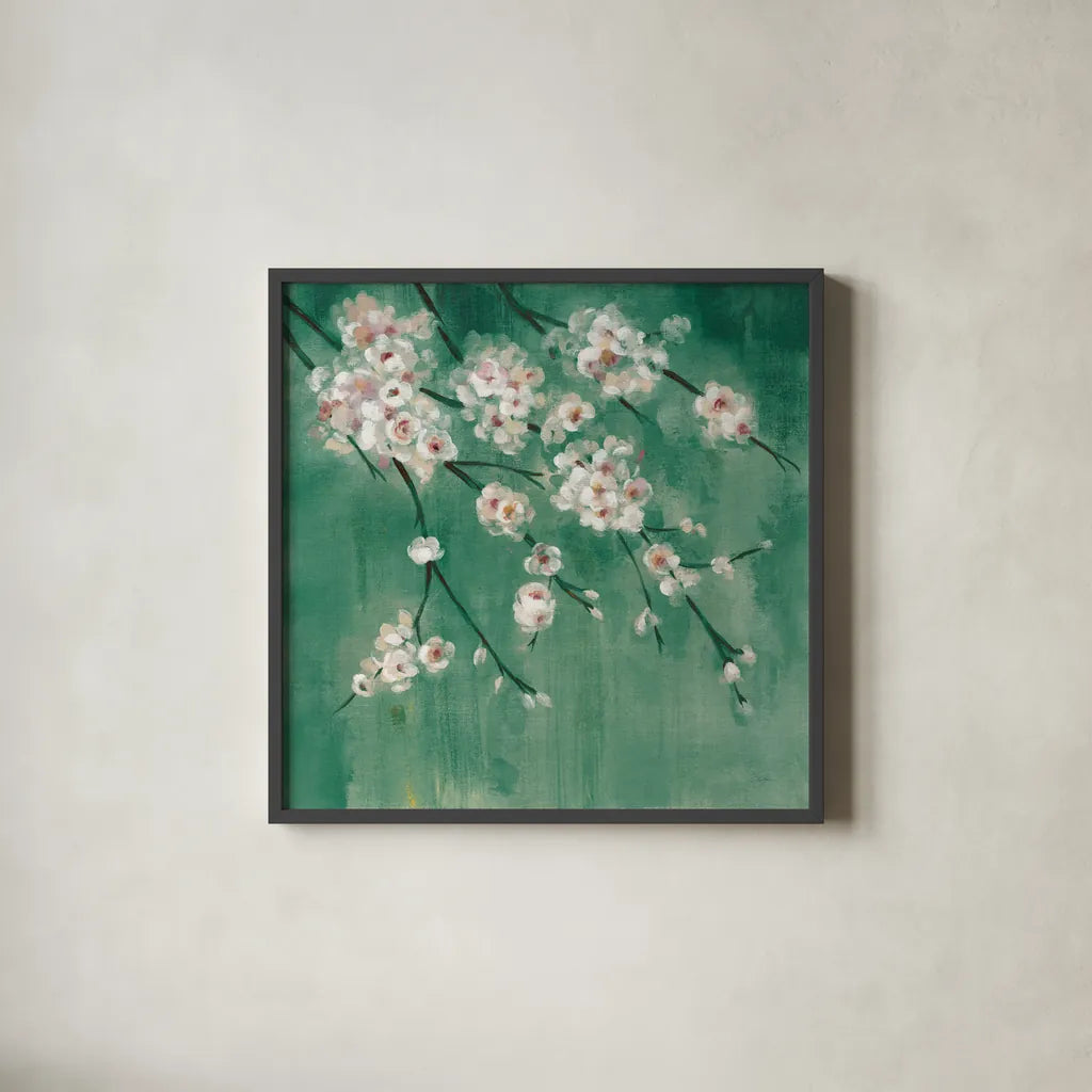 Cherry Cloud II Jade by Silvia Vassileva. Shown in a sleek black glass frame for a contemporary gallery look. Available as an archival giclee rolled canvas, fine art paper, or poster print. SKU 50074a.