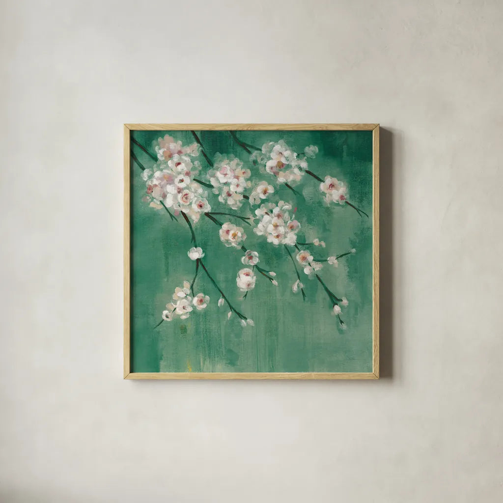 Cherry Cloud II Jade by Silvia Vassileva. Shown in a natural wood glass frame for a timeless modern aesthetic. Available as an archival giclee rolled canvas, fine art paper, or poster print. SKU 50074a.