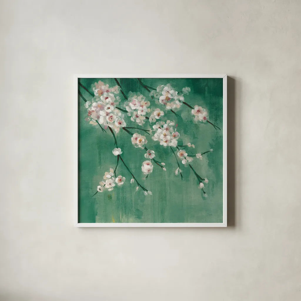 Cherry Cloud II Jade by Silvia Vassileva. Shown in a crisp white glass frame for a clean and minimalist style. Available as an archival giclee rolled canvas, fine art paper, or poster print. SKU 50074a.