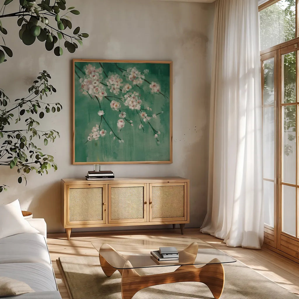 Cherry Cloud II Jade by Silvia Vassileva. Shown in a natural wood frame in a cozy modern living room. Available as an archival giclee rolled canvas, fine art paper, or poster print. SKU 50074a.