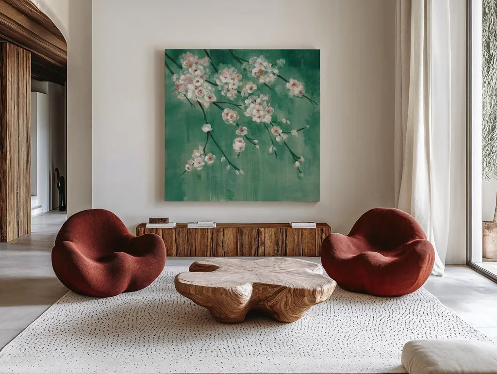 Cherry Cloud II Jade by Silvia Vassileva. Shown as extra-large giant wall art in a modern living room. Available as an archival giclee rolled canvas, fine art paper, or poster print. SKU 50074a.