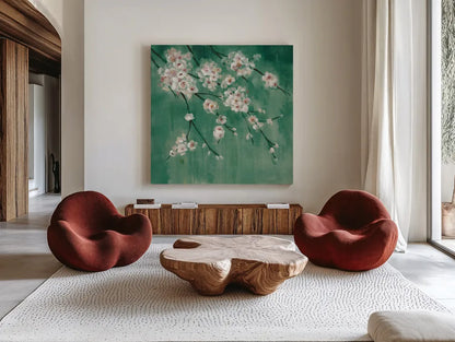 Cherry Cloud II Jade by Silvia Vassileva. Shown as extra-large giant wall art in a modern living room. Available as an archival giclee rolled canvas, fine art paper, or poster print. SKU 50074a.