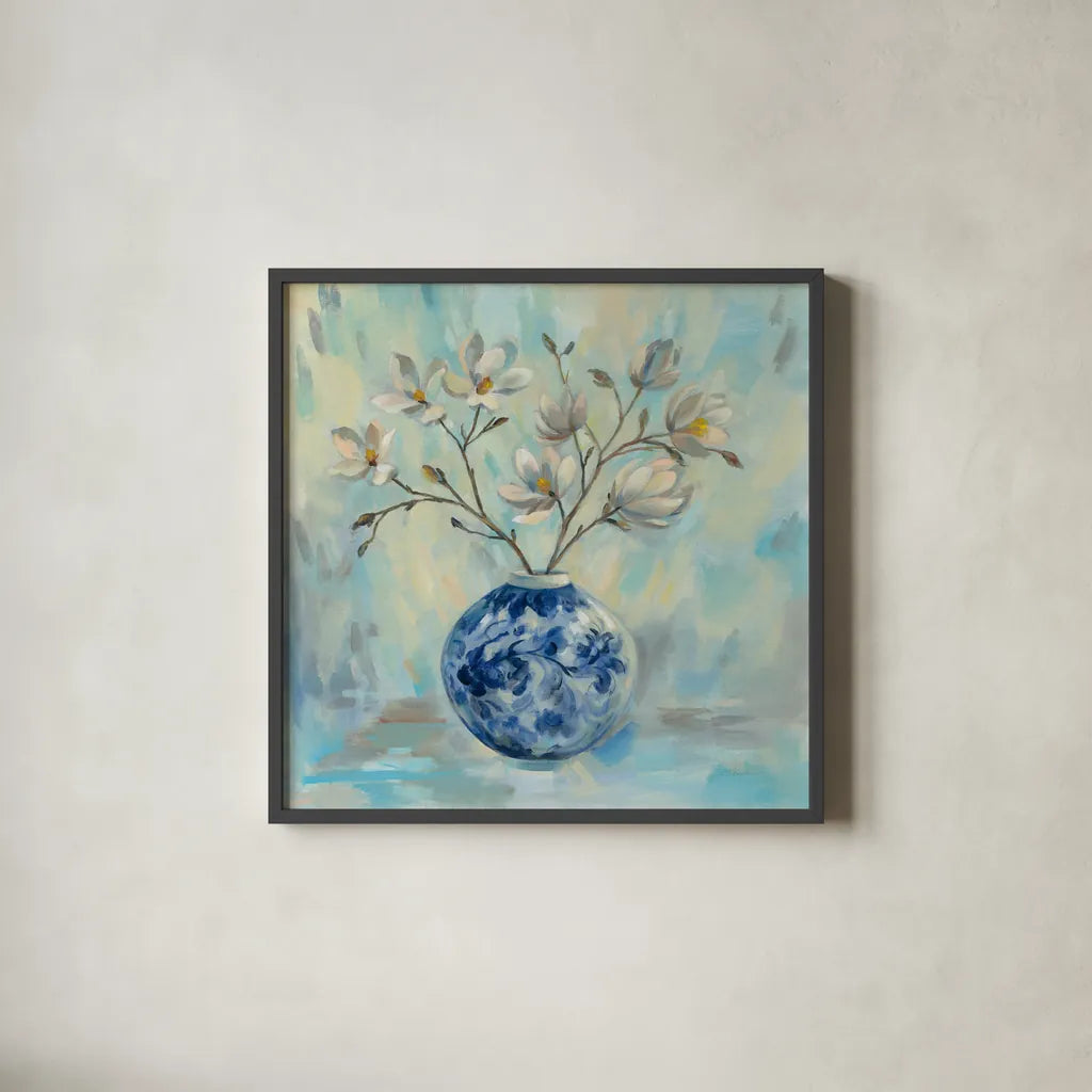 Chinoiserie and Branches by Silvia Vassileva. Shown in a sleek black glass frame for a contemporary gallery look. Available as an archival giclee rolled canvas, fine art paper, or poster print. SKU 54376a.