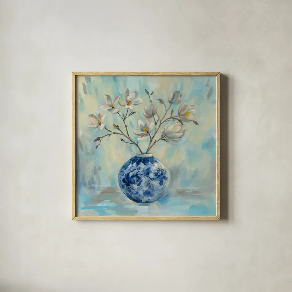 Chinoiserie and Branches by Silvia Vassileva. Shown in a natural wood glass frame for a timeless modern aesthetic. Available as an archival giclee rolled canvas, fine art paper, or poster print. SKU 54376a.